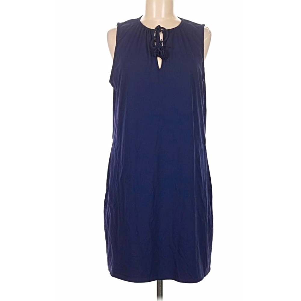 Tommy Bahama Women's Blue Shift Dress M Sleeveless Solid Knee Keyhole Tie